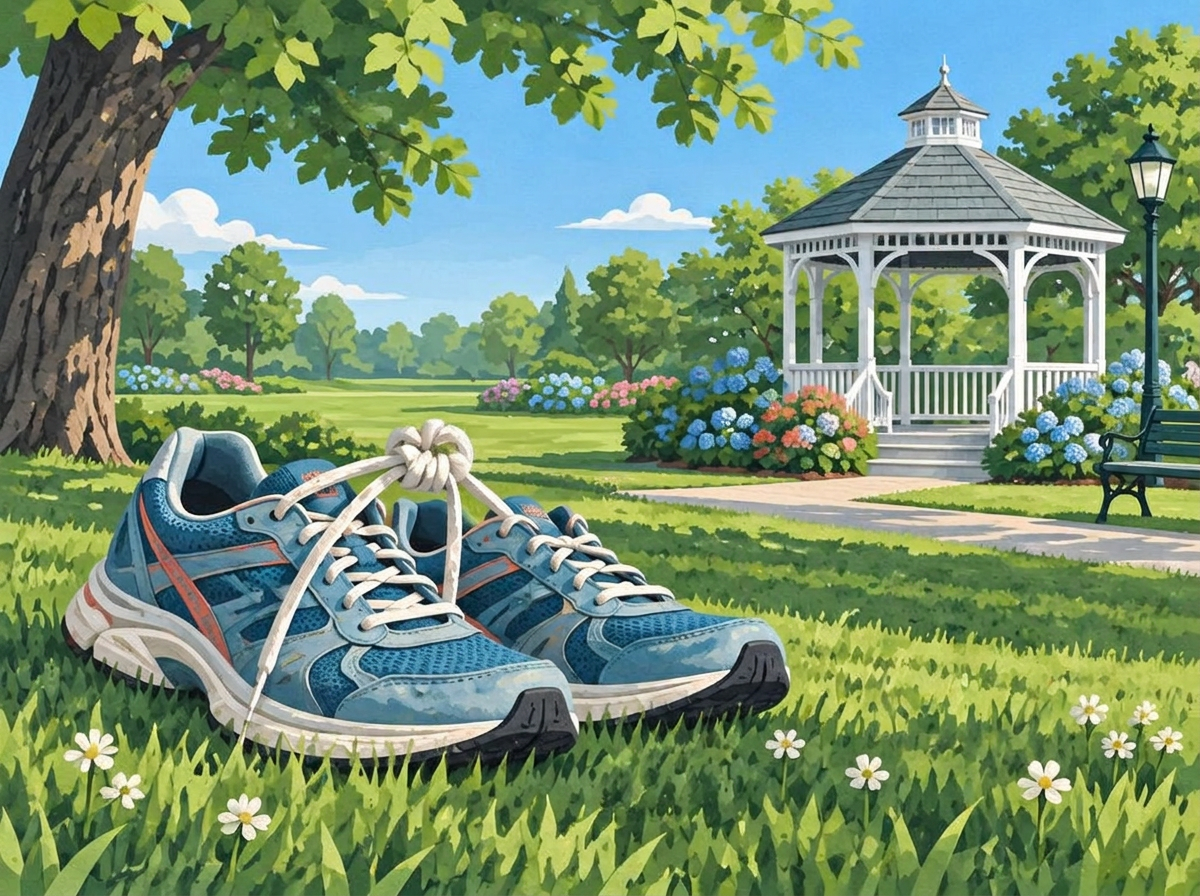 Running shoes on the grass near a park gazebo